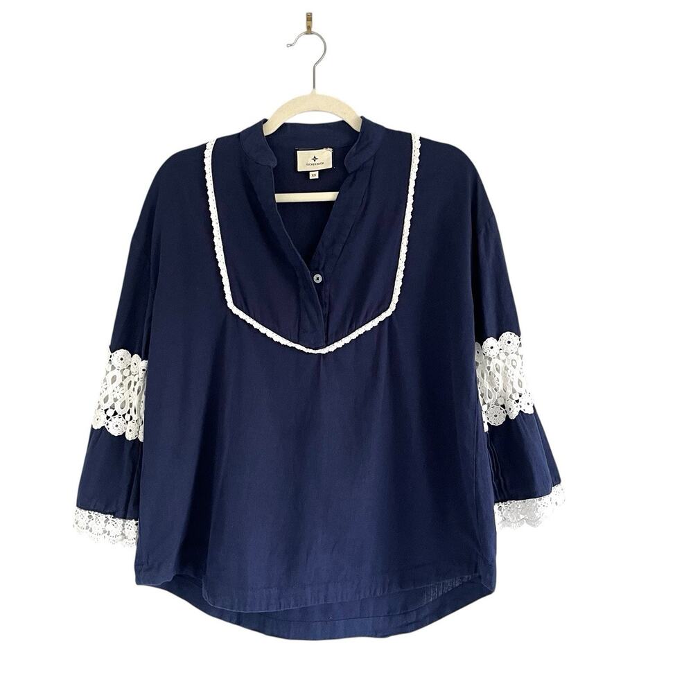 Tuckernuck Piper lace Blouse Navy Sz XS peasant feminine Nautical french chic - Picture 2 of 11
